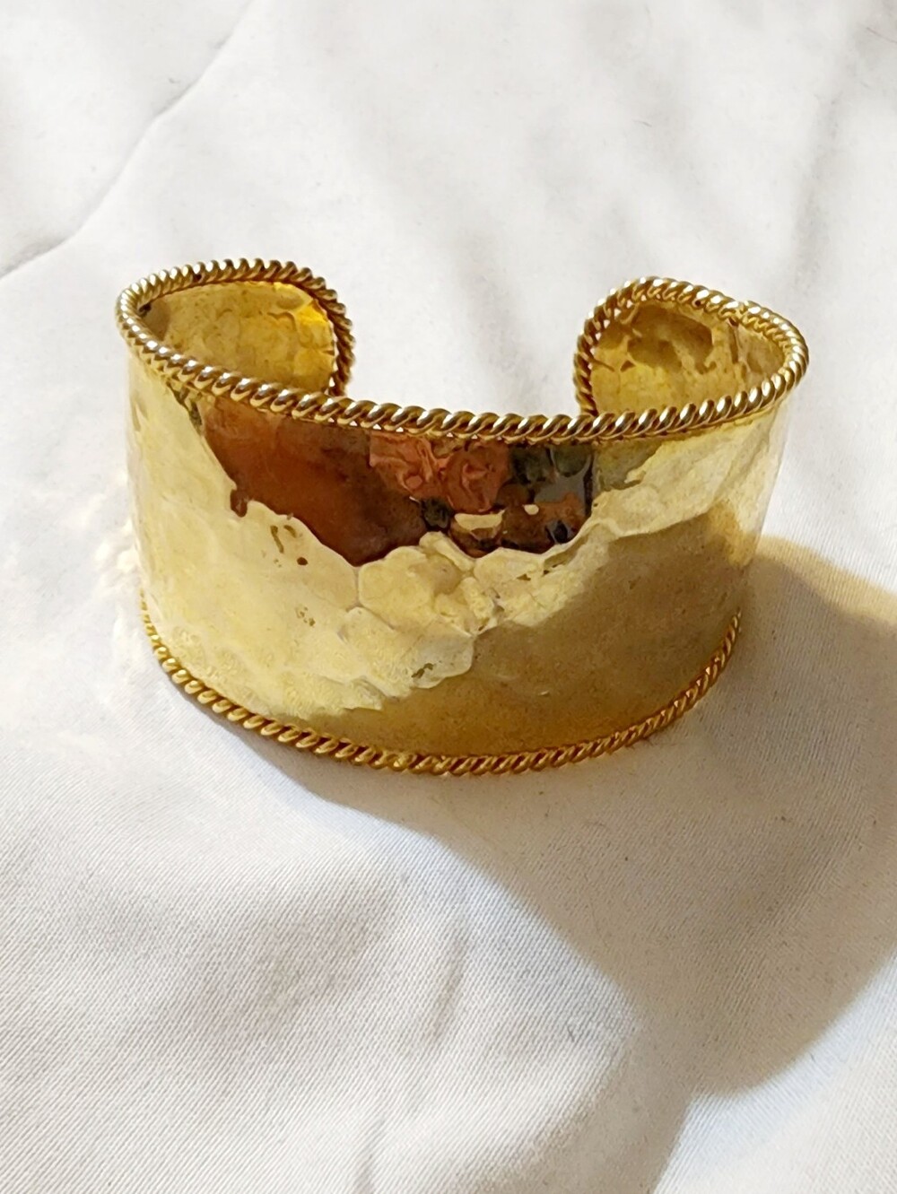 Gold Hammered Open Cuff Bracelet with Rope Edge